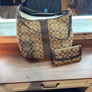 Vintage Coach Hobo Signature Brown and Tan Shoulder Bag with Matching Wallet